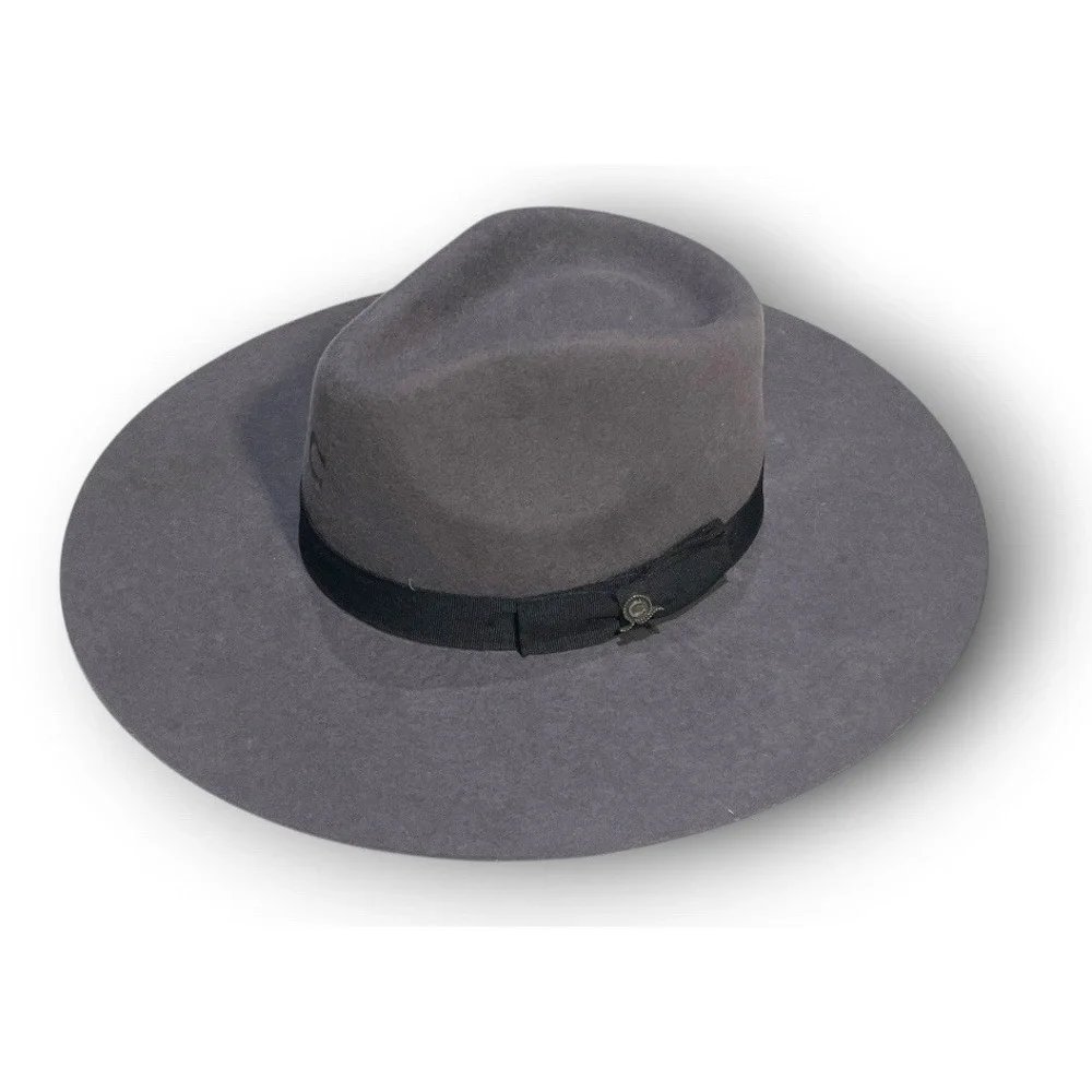 Charlie One Horse‎ Grey Felt Fedora Wide Brim Hat With Grosgrain Band - Size M
